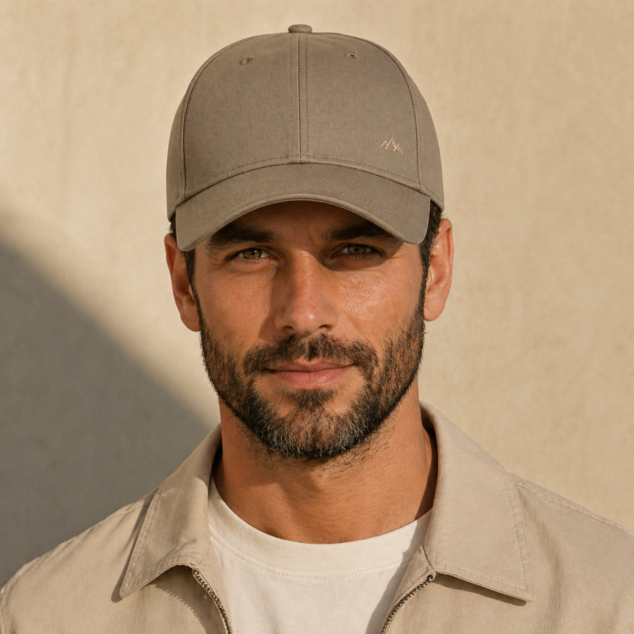 Hombre con gorra de beibol estructurada beige estilo premium con bordado pequeño visible