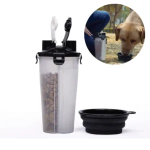 Kits para mascotas promocional con vaso de 2 compartimentos y plato plegable