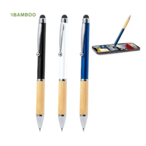 Lapicero promocional stylus en ABS bambú y clip metálico en negro azul y blanco