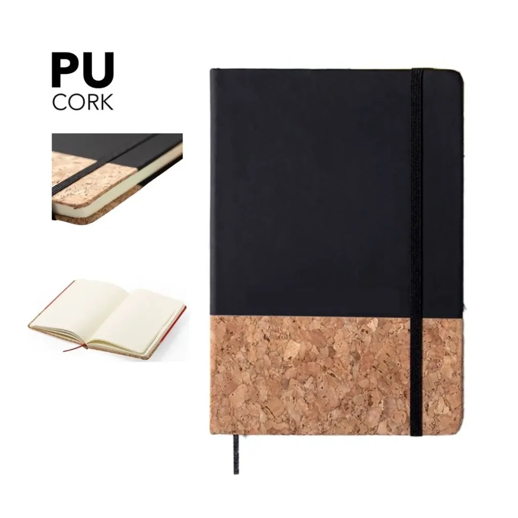 Libretas promocionales para empresas con tapa dura fabricada en suave polipiel negro y corcho