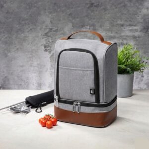 Lonchera térmica melange gris y cuerina Regalos corporativos premium Costa Rica Guecam