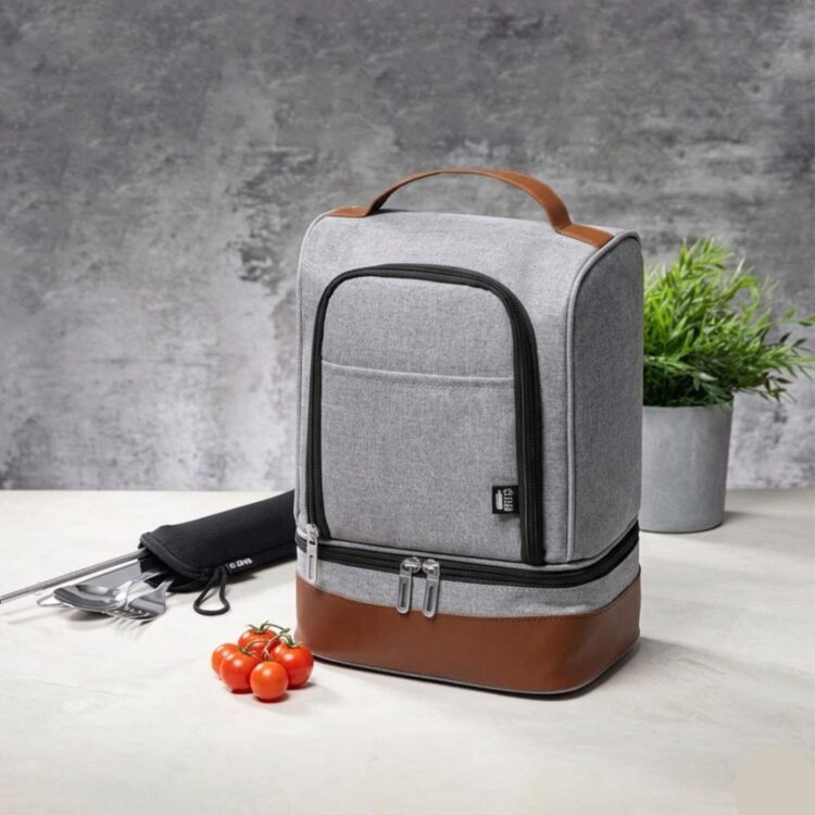 Lonchera térmica melange gris y cuerina - Regalos corporativos premium Costa Rica