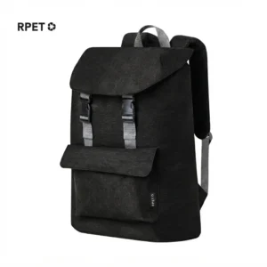 Mochila promocional RPET negra con solapa y cierre de cordón bolsillo acolchado para laptop