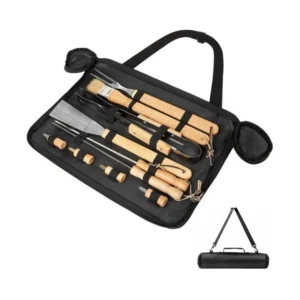 Set BBQ publicitario 10 piezas acero y madera con estuche correa ajustable