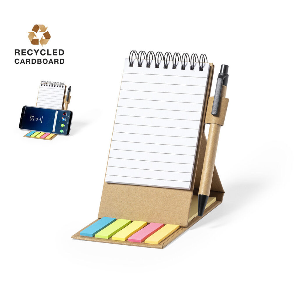 Libreta promocional con post-it en cartón reciclado, funciona como soporte smartphone