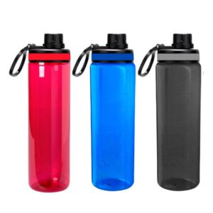 Botella promocional plástico traslúcido libre de BPA de 750 ml, boquilla con tapa y agarradera, en color rojo, azul y humo