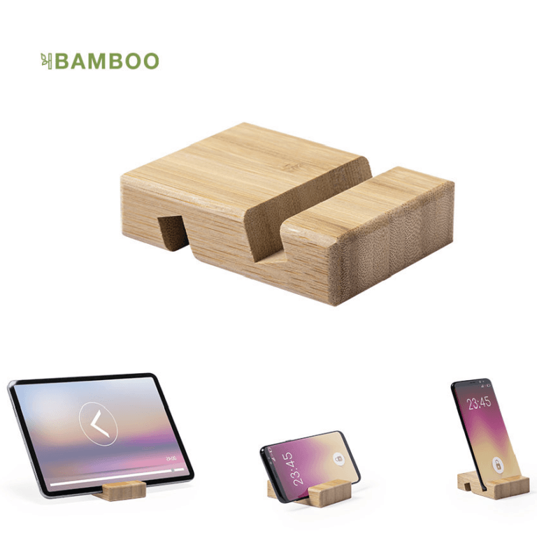 Soporte para dispositivos móviles (celulares y tablets), fabricado en resistente bambú de acabado lacado, con ranura/soporte en ambas caras. Impresión en láser, tampografía o serigrafía