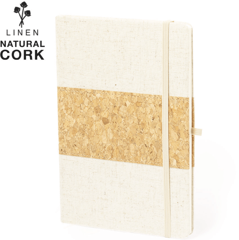 Libreta promocional A5 tapa dura fabricada en lino y corcho con marcapáginas, elástico de cierre y soporte para bolígrafo color natural
