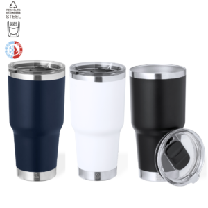 Vaso térmico promocional de acero inoxidable reciclado de 600 ml con dosificador en tapa y abrefácil, libre de BPA. Impresión en serigrafía o láser