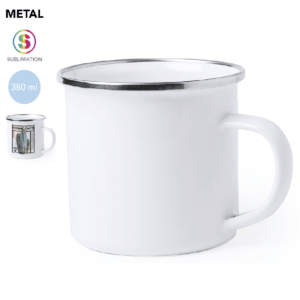 Taza metálica 380 ml, con pequeñas imperfecciones para un aspecto vintage, con elegante anilla cromada en el borde, personalizadas en sublimación full color