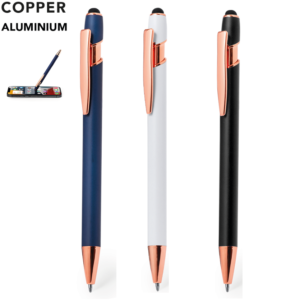 Lapicero promocional stylus en aluminio detalles en color cobre, tinta de escritura azul