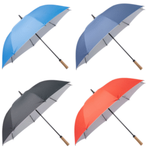 Paragua promocional ecológico toldo RPET y puño de madera, varillas de fibra de vidrio, cobertura de 115 cm de diámetro toldo con protección UV 50. Disponible en 4 colores