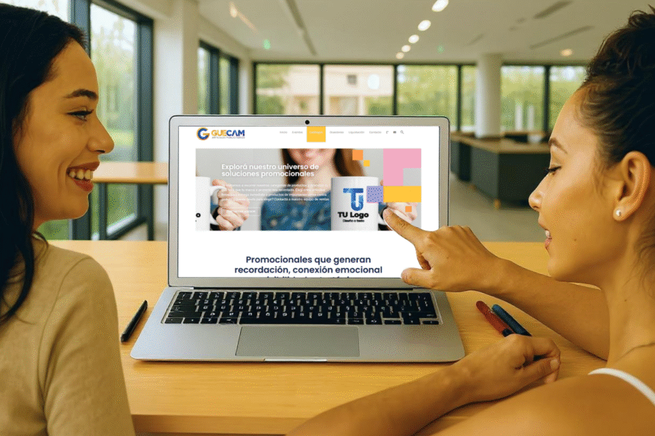 Mujeres en oficina escogiendo artículos promocionales para cotizar, navegan por la página web de Guecam Artículos Publicitarios