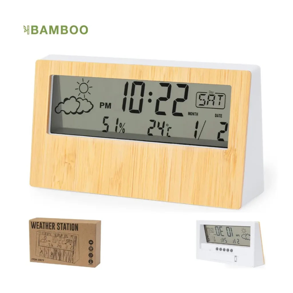 Relojes de escritorio promocional con estación metereológica en material bambú para empresas costa rica