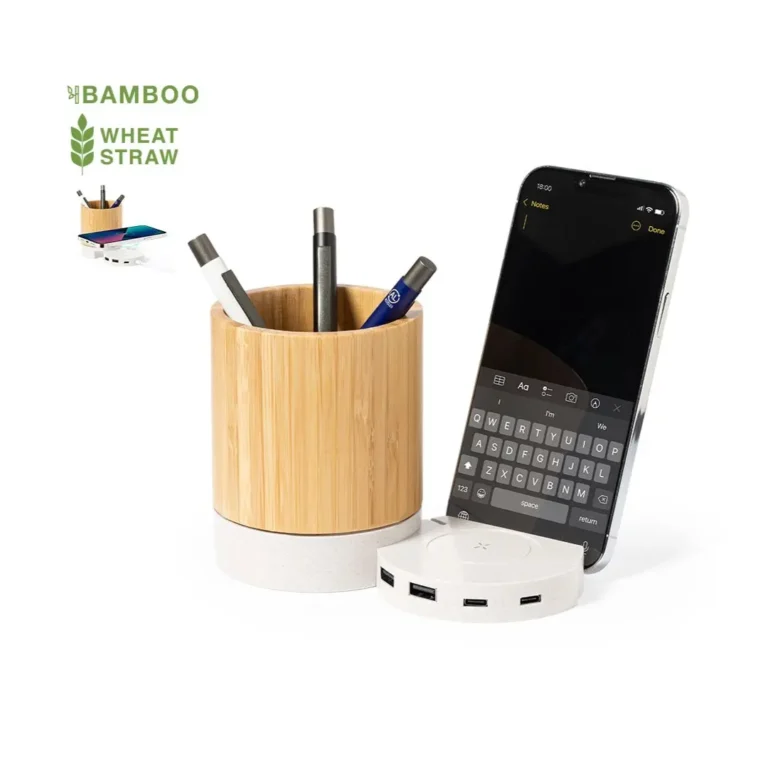 Set de escritorio multifuncional promocional porta lapiceros, soporte y cargador para celular, 1 puerto tipo C y 2 puertos USB