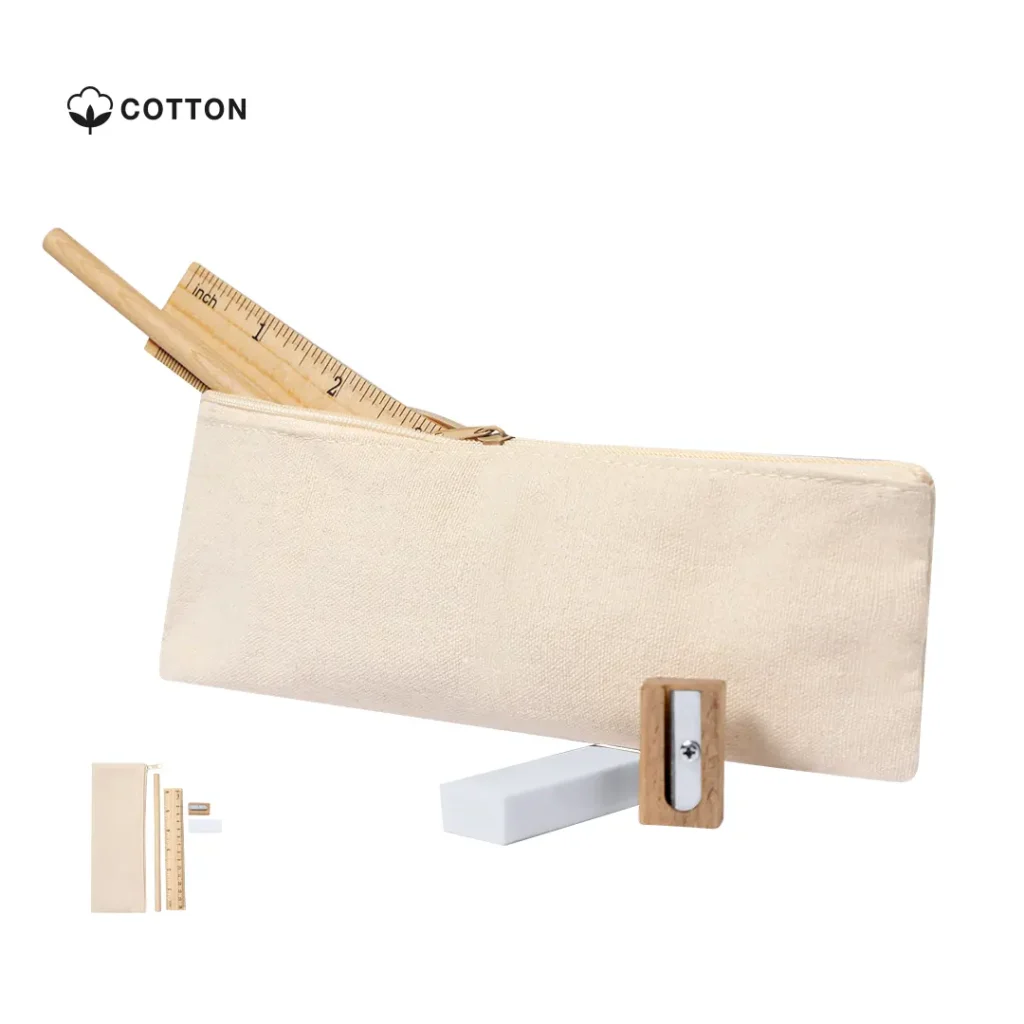 Set de escritura personalizados al por mayor incluye cartuchera de algodón, lápiz, regla y sacapuntas de madera y goma