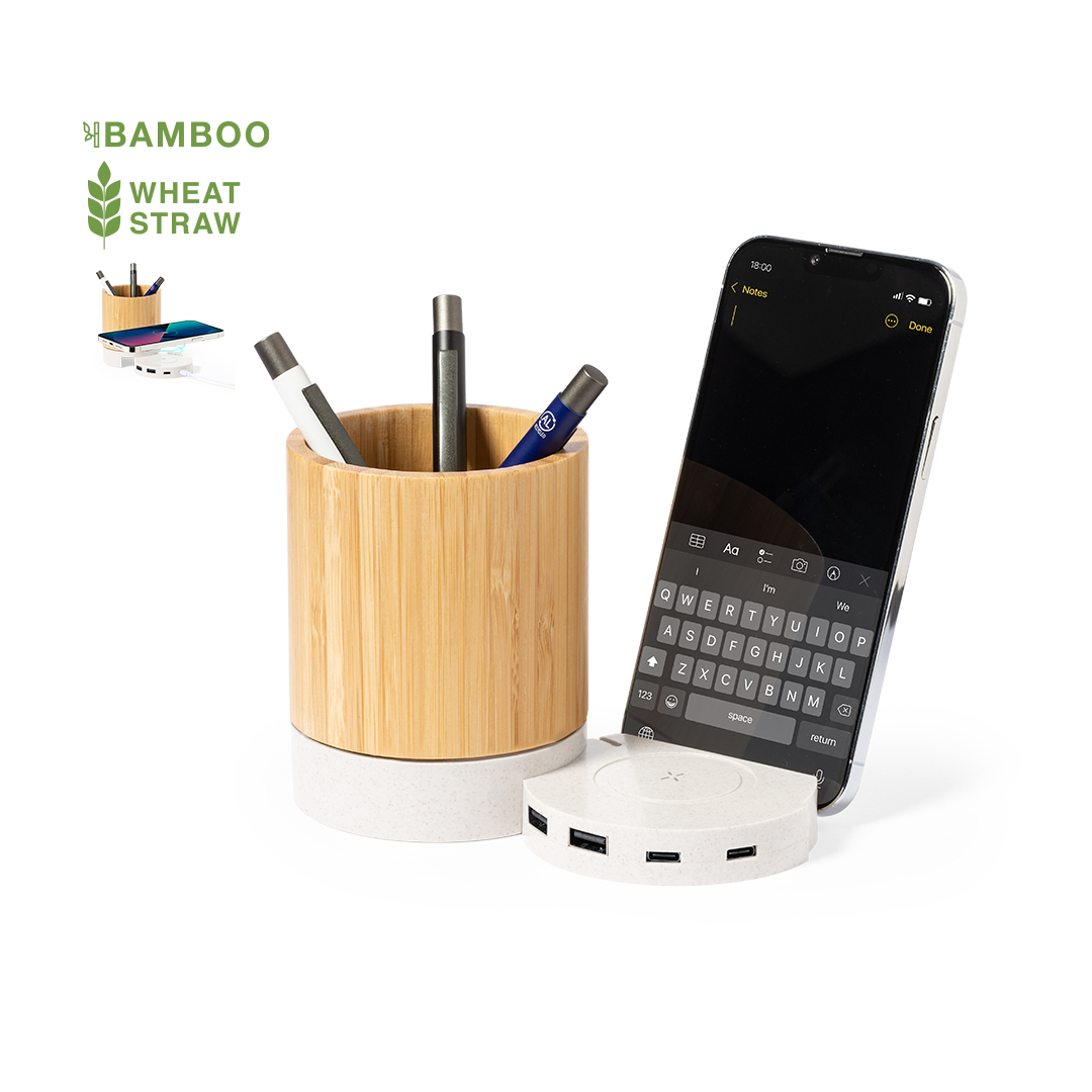 Set de escritorio multifuncional promocional porta lapiceros, soporte y cargador para celular, 1 puerto tipo C y 2 puertos USB