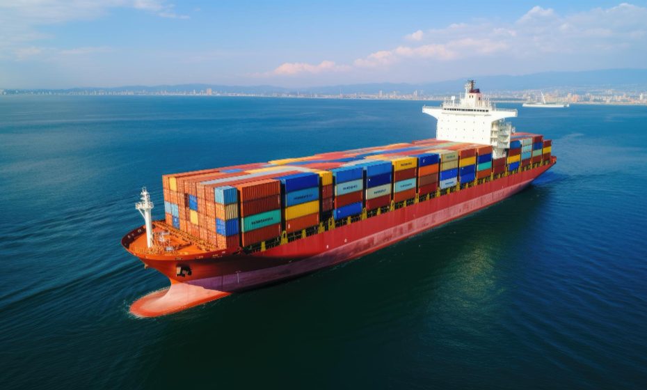 Barco de carga en tránsito con contenedores Guecam proveedor de promocionales en Costa Rica