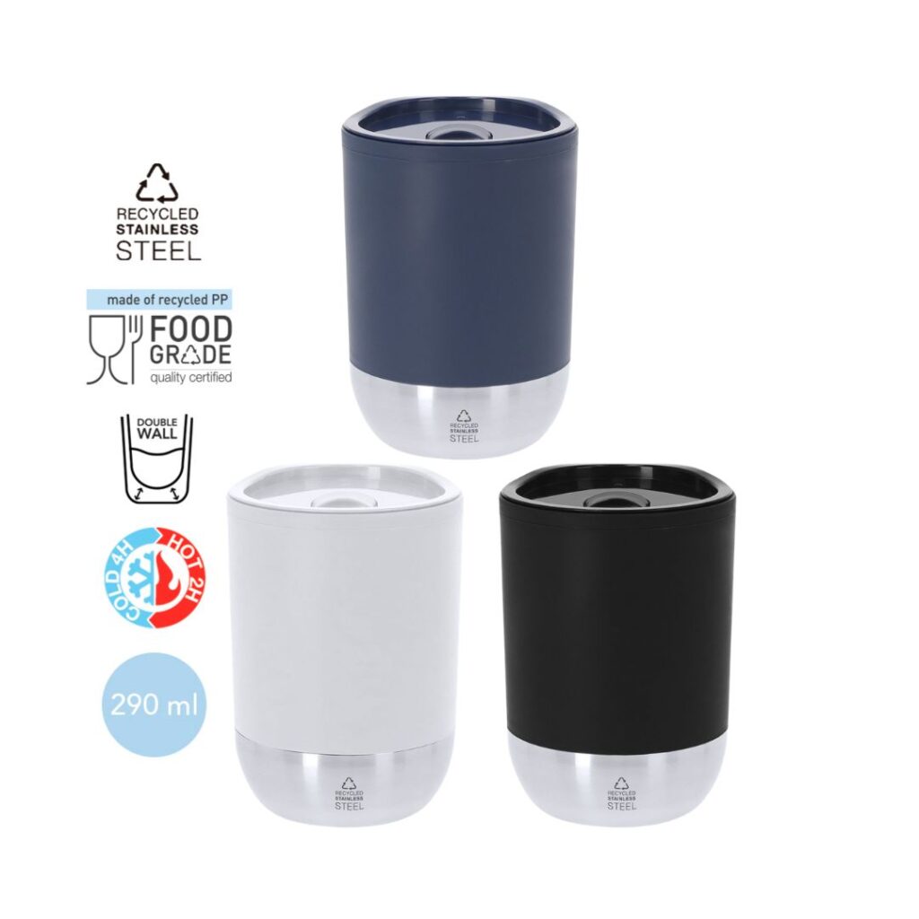 Vasos térmicos personalizados al por mayor con doble pared, PP reciclado y acero inoxidable reciclado con Certificación Food Grade
