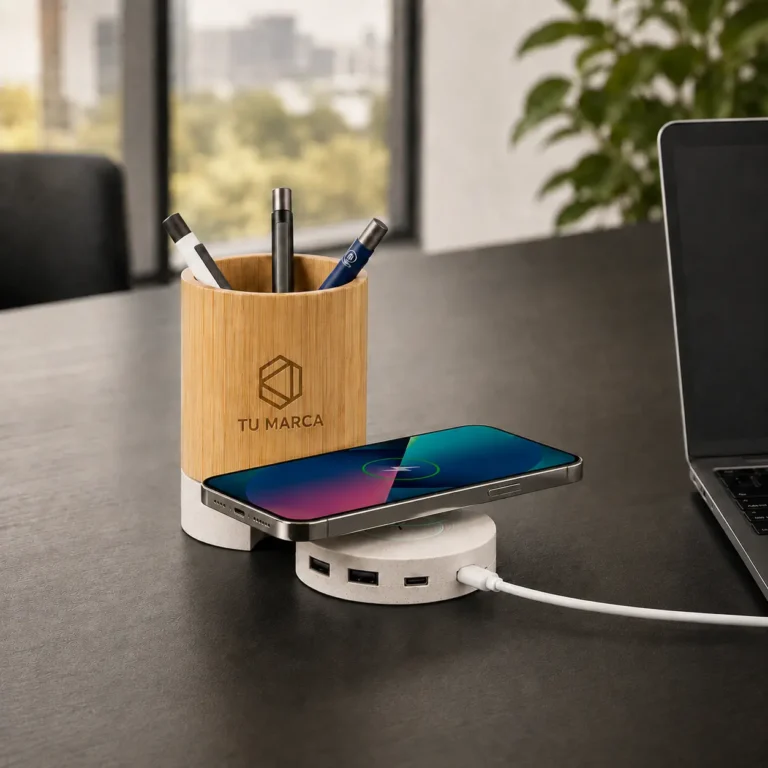 Set de escritorio promocional sostenible 4 en 1 fabricado en bambú y fibra de trigo