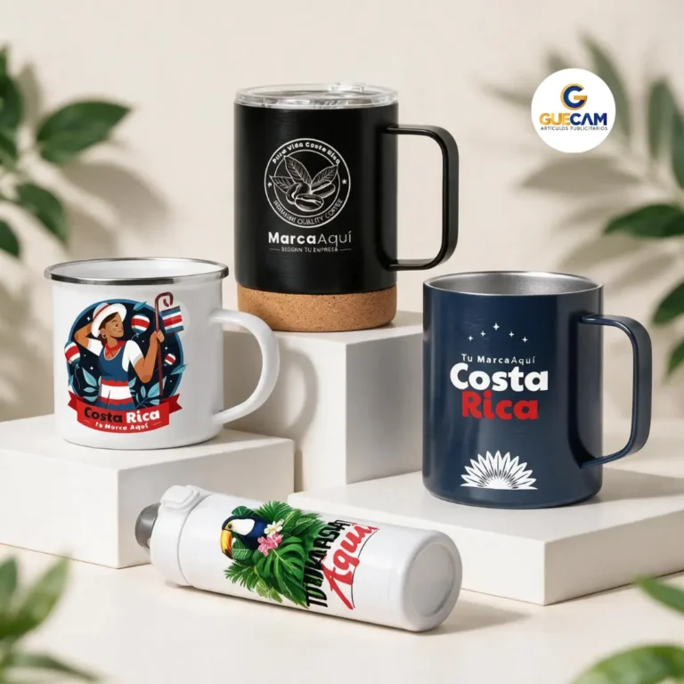 Jarras y termos promocionales proveedor Guecam con identidad costarricense